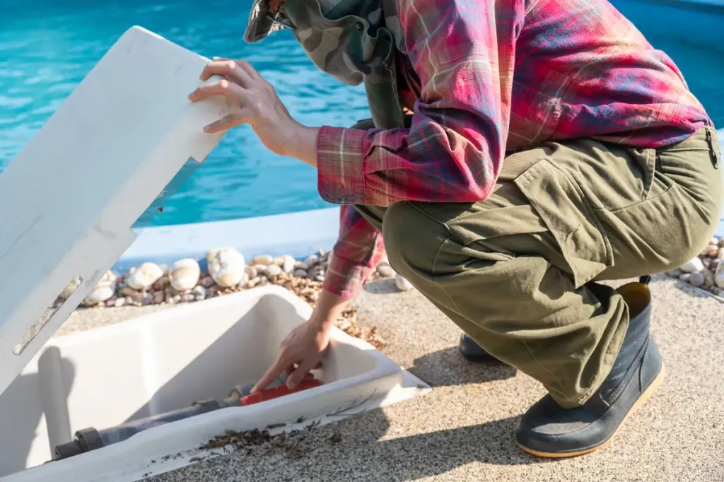 technicien pisciniste réparant le moteur d'une piscine